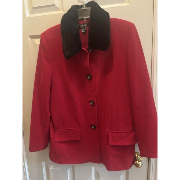 Rafaella Wool Cashmere Blazer Sz12 Red Lined Coat 4 Button Pockets Fur Collar - Picture 1 of 3